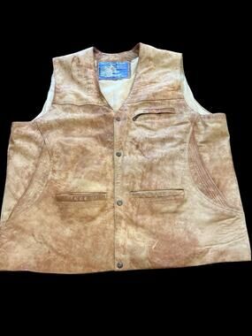 Vtg Snow leopard Suede Vest-Men Sz 54-Tan distressed-Front Snap-Pockets-1170